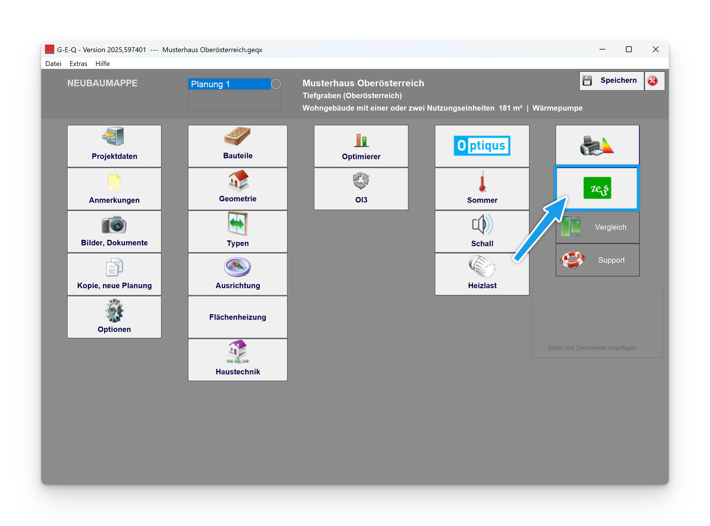 Der Upload in ZEUS, WUKSEA und EAWZ ist anschließend in GEQ in der geöffneten Projektmappe unter dem Drucken Button verfügbar.